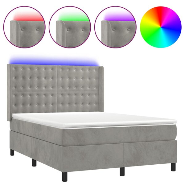 Box spring postel s matrací a LED světle šedá 140x190 cm samet 3139799