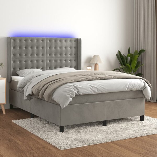 Box spring postel s matrací a LED světle šedá 140x190 cm samet 3139799