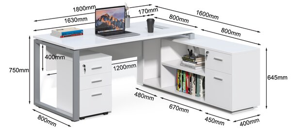 Kancelářský stůl s kontejnerem a komodou Houseland Prime Home 03 180 cm bílý
