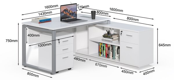 Kancelářský stůl s kontejnerem a komodou Houseland Prime Home 03 160 cm bílý