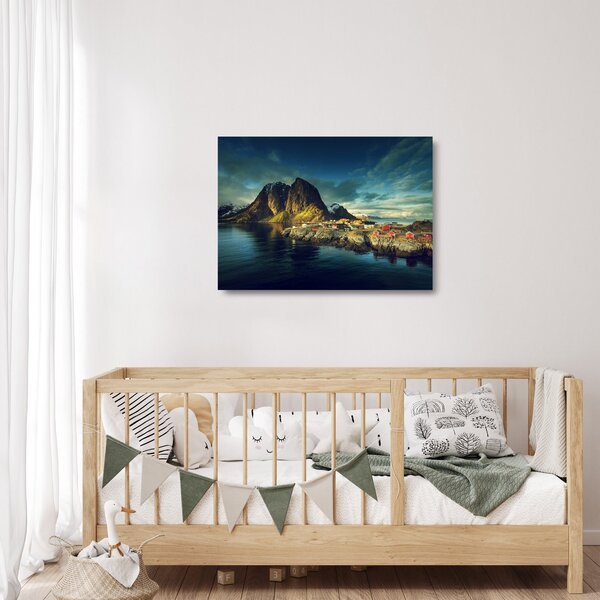 Skleněný obraz rybářské vesnice v Norsku (70x50 cm)