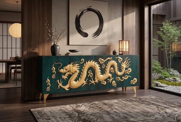 Komoda DRAGON 3D 180 CM tyrkysová/zlatá masiv mango Nábytek | Úložné prostory | Komody | Nízké
