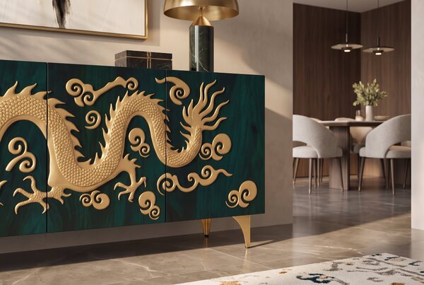 Komoda DRAGON 3D 180 CM tyrkysová/zlatá masiv mango Nábytek | Úložné prostory | Komody | Nízké