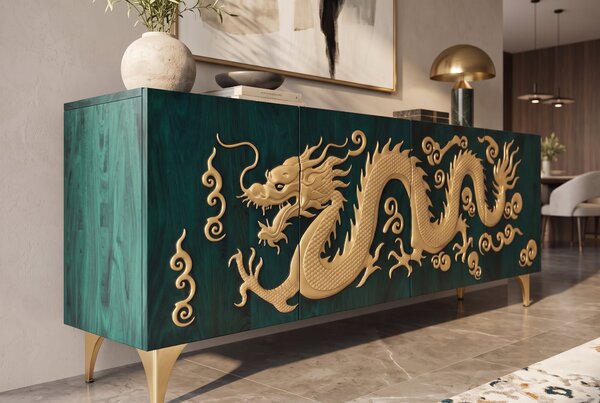 Komoda DRAGON 3D 180 CM tyrkysová/zlatá masiv mango Nábytek | Úložné prostory | Komody | Nízké