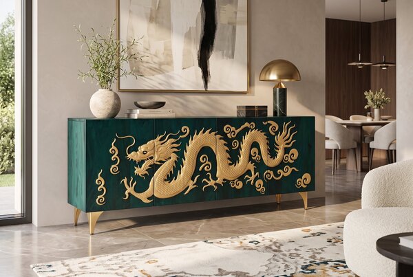 Komoda DRAGON 3D 180 CM tyrkysová/zlatá masiv mango Nábytek | Úložné prostory | Komody | Nízké