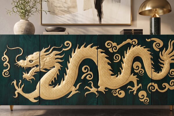 Komoda DRAGON 3D 180 CM tyrkysová/zlatá masiv mango Nábytek | Úložné prostory | Komody | Nízké