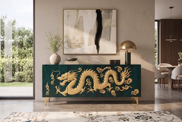 Komoda DRAGON 3D 180 CM tyrkysová/zlatá masiv mango Nábytek | Úložné prostory | Komody | Nízké