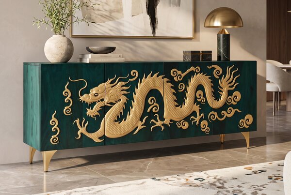 Komoda DRAGON 3D 180 CM tyrkysová/zlatá masiv mango Nábytek | Úložné prostory | Komody | Nízké