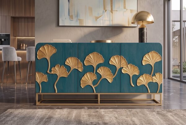 Komoda GINKGO 3D 160 CM tyrkysová/zlatá masiv mango Nábytek | Úložné prostory | Komody | Nízké