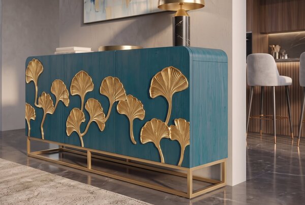 Komoda GINKGO 3D 160 CM tyrkysová/zlatá masiv mango Nábytek | Úložné prostory | Komody | Nízké