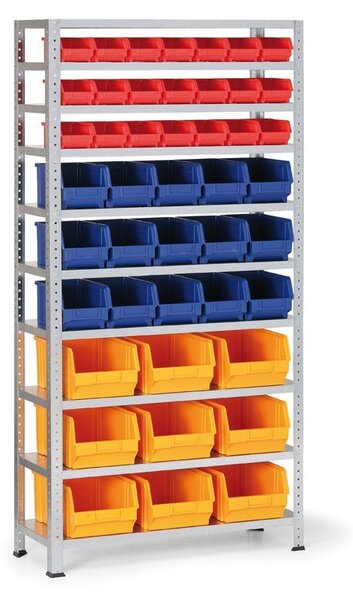 Regál s plastovými boxy BASIC, 1730 x 850 x 300 mm, 21x box A + 15x box B + 9x box C