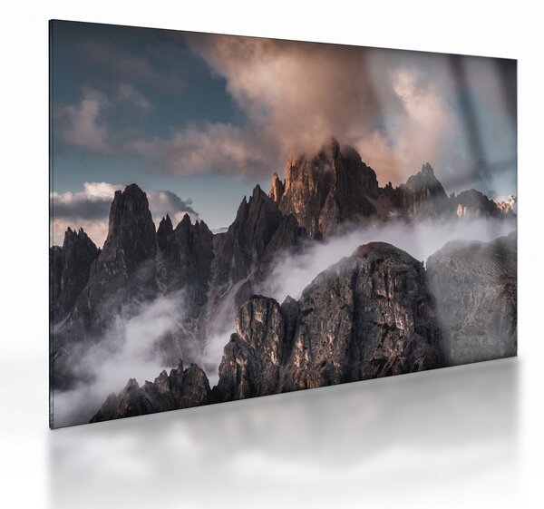 Skleněný obraz - Italské dolomity schované v mlze (70x50 cm)