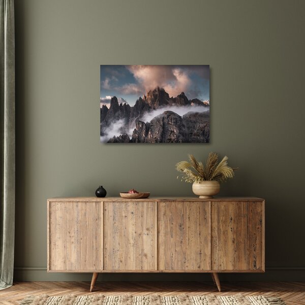 Skleněný obraz - Italské dolomity schované v mlze (70x50 cm)