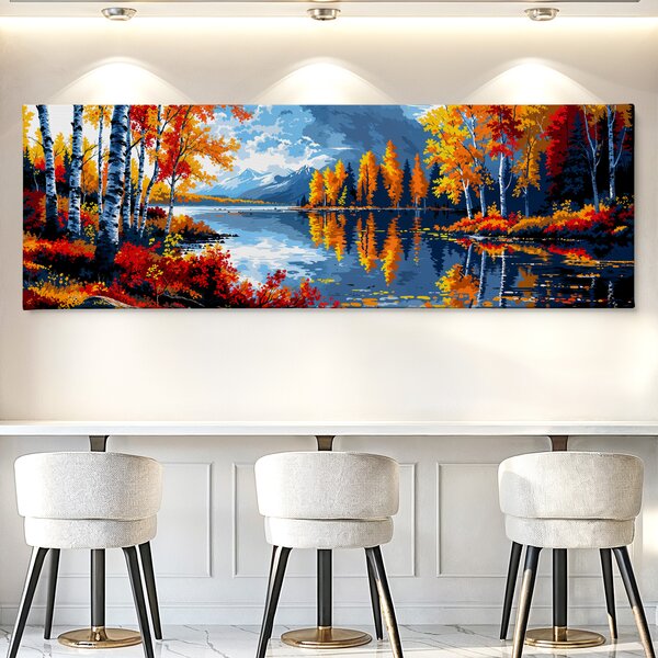 Obraz na plátně - Jezero s břízovým hájem FeelHappy.cz Velikost obrazu (šířka x výška): 60 x 20 cm