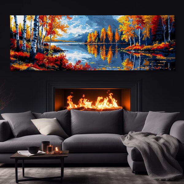 Obraz na plátně - Jezero s břízovým hájem FeelHappy.cz Velikost obrazu (šířka x výška): 60 x 20 cm