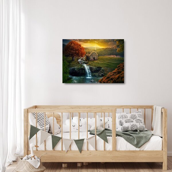 Skleněný obraz chalupky v pohádkové krajině (70x50 cm)