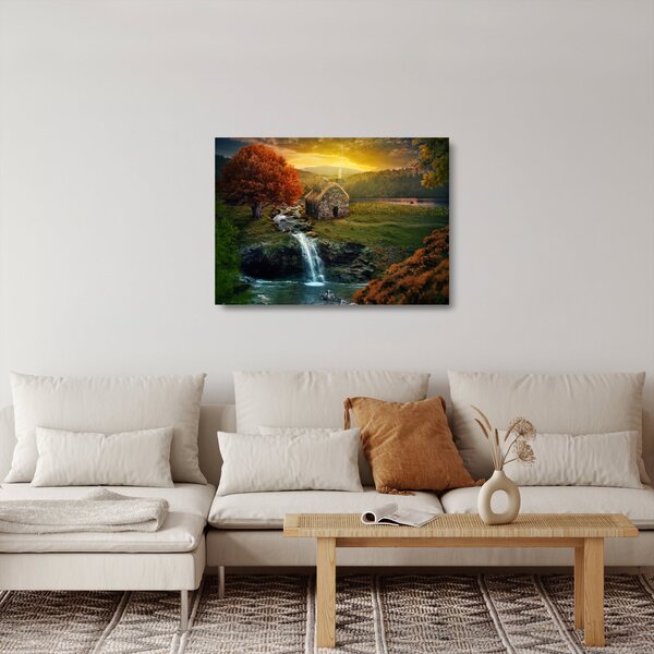 Skleněný obraz chalupky v pohádkové krajině (70x50 cm)