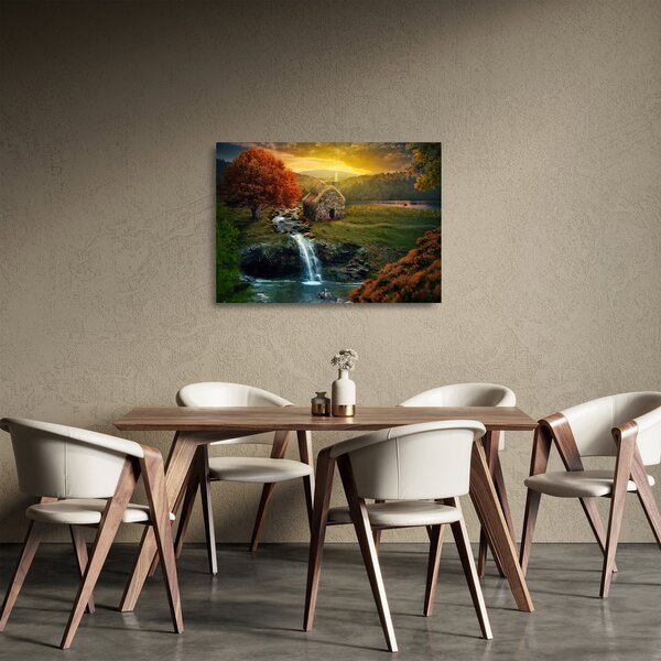 Skleněný obraz chalupky v pohádkové krajině (70x50 cm)