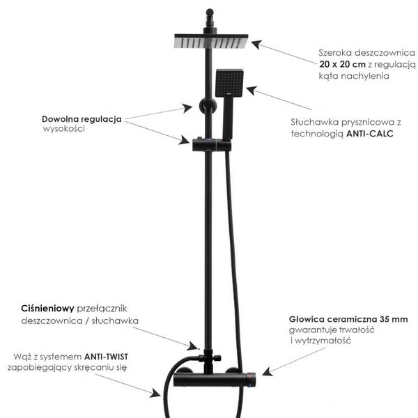 Erga Tiki, sprchová souprava s pákovou baterií a dešťovou hlavicí 20x20 cm, černá matná, ERG-YKA-BP.TIKI-BLK
