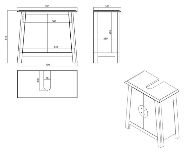 Masivní umyvadlová skříňka Rangoon z recyklované borovice, lakovaná, hnědá – 70×32×61 cm