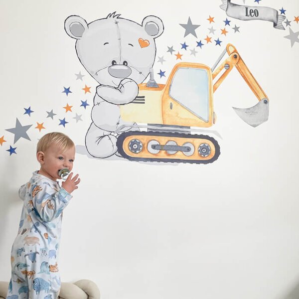 INSPIO-textilní přelepitelná samolepka - Samolepka na zeď pro kluky - Maco a stavební auta do dětského pokoje