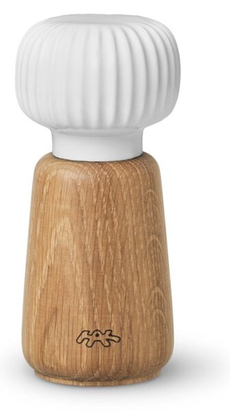 Mlýnek z dubového dřeva na koření s bílým detailem z porcelánu Kähler Design Hammershoi, výška 13 cm