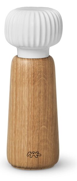 Mlýnek z dubového dřeva na koření s bílým detailem z porcelánu Kähler Design Hammershoi, výška 17,5 cm