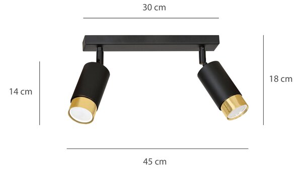 Stropní svítidlo HIRO 2 – černé / zlaté, 2× GU10, šířka 45 cm