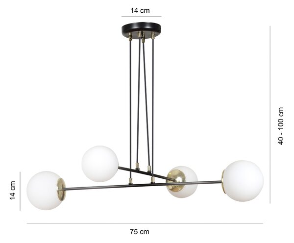 Závěsné svítidlo OGNIS 4 – černé, bílé sklo, 4× E27, šířka 75 cm