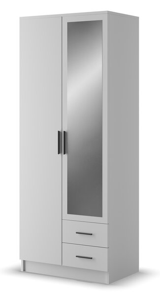 ADRK Šatní skříň 2-dveřová se zrcadlem a zásuvkami ARVIO WB-M 80, bílá/úchytky černé