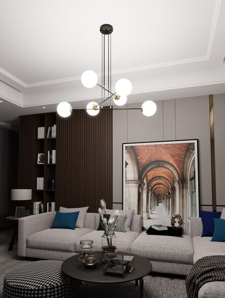 Závěsné svítidlo OGNIS 6 – černé, bílé sklo, 6× E27, šířka 90 cm