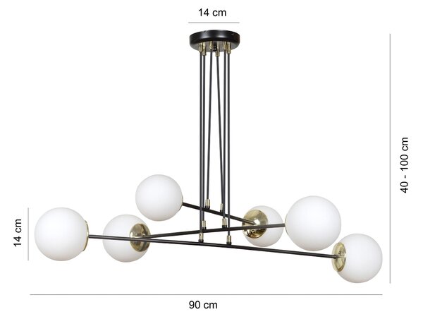 Závěsné svítidlo OGNIS 6 – černé, bílé sklo, 6× E27, šířka 90 cm
