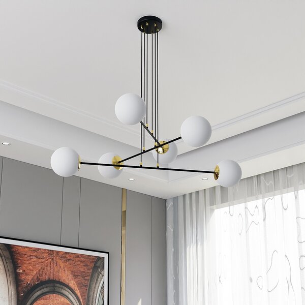 Závěsné svítidlo OGNIS 6 – černé, bílé sklo, 6× E27, šířka 90 cm