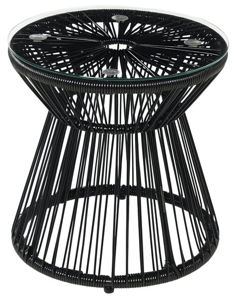 Outsunny Boční Stolek z PE Rattanu, Kulatý Kávový Stolek se Skleněnou Vrchní Deskou, Design Hladkého Bubnu, Zahradní Nábytek, Pojízdný Stolek pro Tera