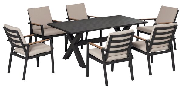 Outsunny 7dílná jídelní souprava pro zahradní patio - 1 stůl + 6 židlí s polštáři, weatherproof hliníkový rám, černá + šedá | Aosom