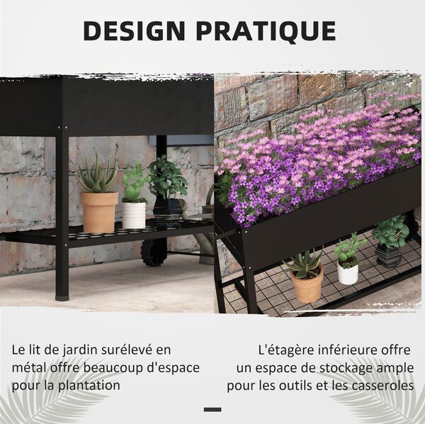 Metalová pěstební miska Outsunny se stojanem a policí 104L x 39Š x 80V cm 2 kola + zavlažovací vložka Černá | Aosom