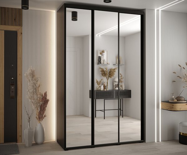 Šatní skříň DAVOS 2 posuvné zrcadlové dvěře, 150×235×45, Černá / černé pojezdy