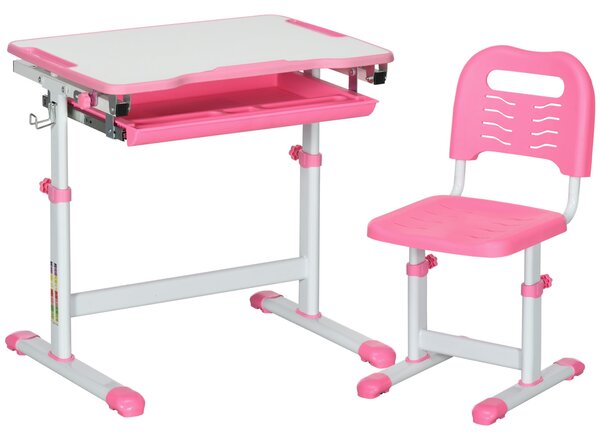 HOMCOM Nastavitelný školní stůl pro děti ve věku 6-12 let, set stolu a židle s 45° naklápěcí deskou, zásuvkou, 2 držáky na tužky a háčkem, růžový | Ao