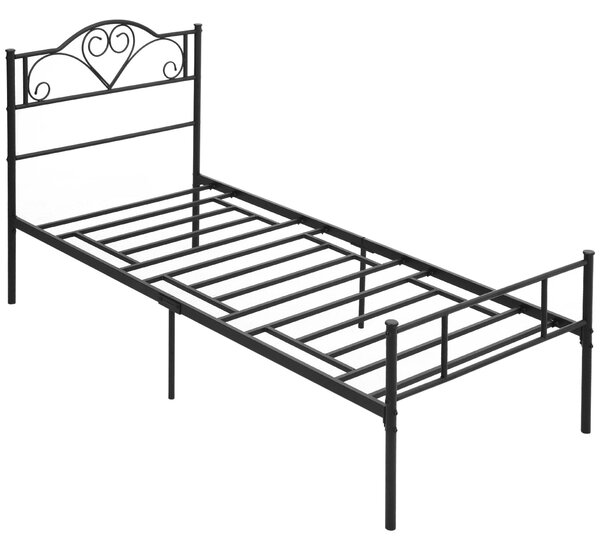 HOMCOM jednolůžkový postelový rám z oceli 95x211x106 cm, integrované laťování, čelo a nožní část, úložný prostor pod postelí, černá | Aosom