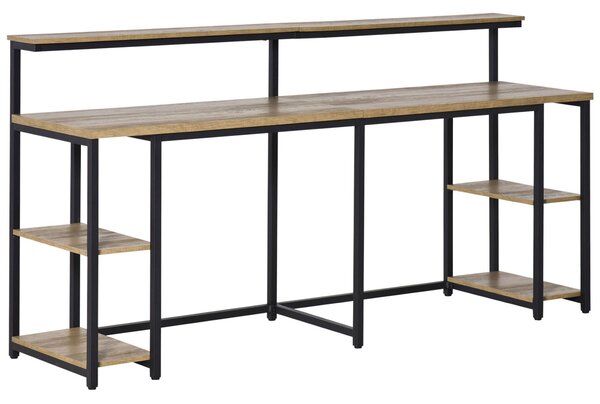 HOMCOM Dvojitý Stůl se Složkami a Policí na Monitor v Průmyslovém Stylu, Stůl s Úspornou Knihovnou pro Kancelář a Studium, 200x53x100cm, Hnědý | Aosom
