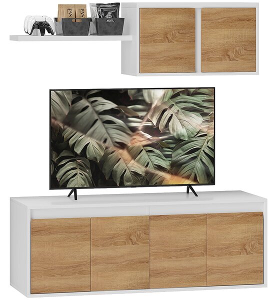 Sada TV stolku a nástěnné skříňky HOMCOM s 7 policemi a otevřenou policí, Dřevotříska, 120x41x43,3 cm, Bílá a dřevěná barva | Aosom