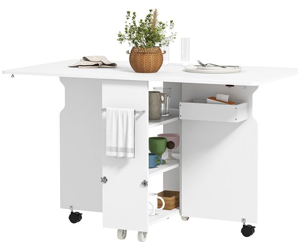 Skládací stůl HOMCOM s vyklápěcími deskami a 3 úrovněmi polic, úložná skříňka a kola, MDF, 130x80x76.5 cm, bílý | Aosom