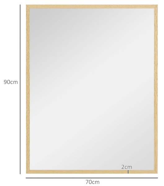 HOMCOM Obdélníkové Zrcadlo na Stěnu 90 x 70 cm, dřevěný rám, ideální do koupelny, obývacího pokoje nebo ložnice, přírodní | Aosom