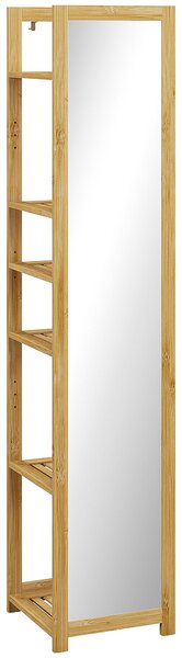 HOMCOM Koupelnová sloupová skříň s zrcadlem a 6 policemi v přírodním bambusu, 35D x 35Š x 168V cm | Aosom