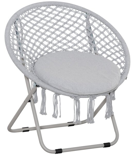 Outsunny Zahradní Kulatý Měsíční Křeslo Skládací Papasan Křeslo Makramé Bavlna Polyester Šedá | Aosom