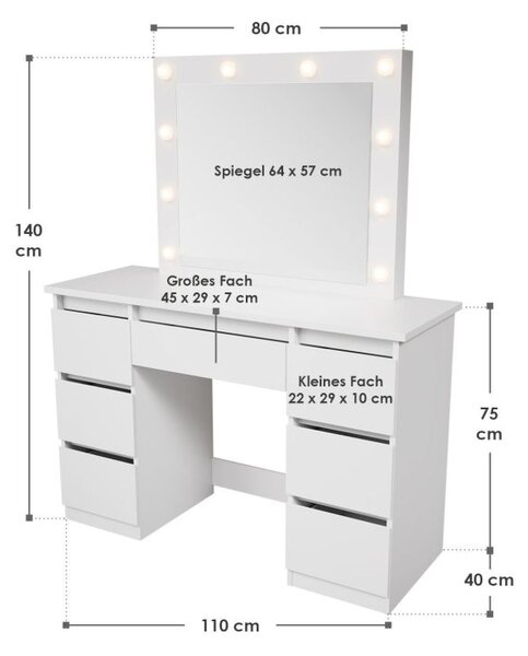 Kosmetický stolek s LED zrcadlem 110x140x40 cm, bílý