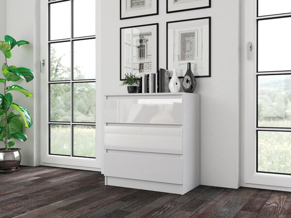 VBChome Komoda se 3 zásuvkami 70 x 40 x 77 cm Bílý lesk Bezúchytková komoda Víceúčelová skříňka do předsíně Ložnice Obývací pokoj Dětský pokoj Moderní bílý lesk