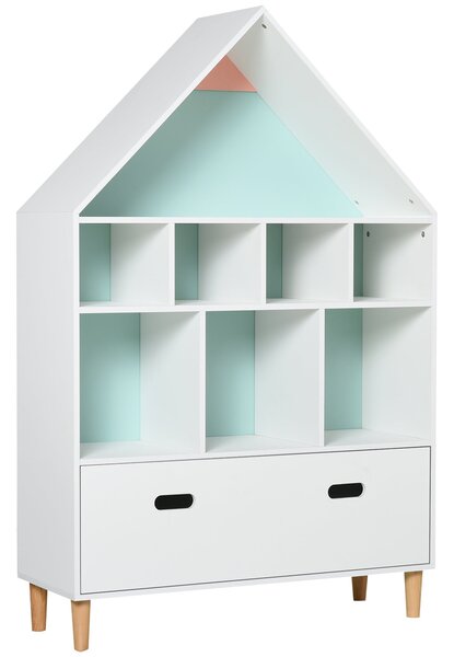 HOMCOM Dětská Dřevěná Knihovna Ve Tvaru Domu se 8 Otevřenými Přihrádkami a Dvoubarevným Šuplíkem 82x30x126 cm Bílá | Aosom