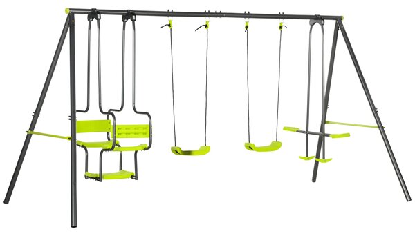 Zahradní houpačka Outsunny pro děti s 2 houpačkami, klouzačkou a ocelovým rámem pro děti ve věku 3-8 let 355x184x186 cm Zelená | Aosom