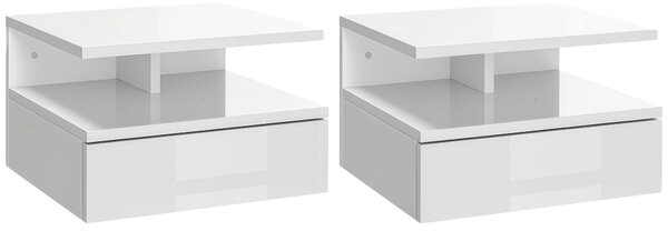 HOMCOM Sada 2 floating nočních stolků se závěsem, 1 zásuvkou a otevřenou policí do ložnice 35x32x22,5 cm Jasně bílá | Aosom